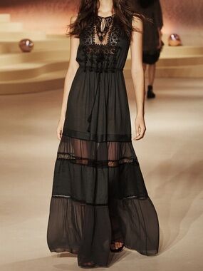 Elie Tahari • S • Camouflage Green Sleeveless Lace Yoke Tiered Skirt Maxi Dress